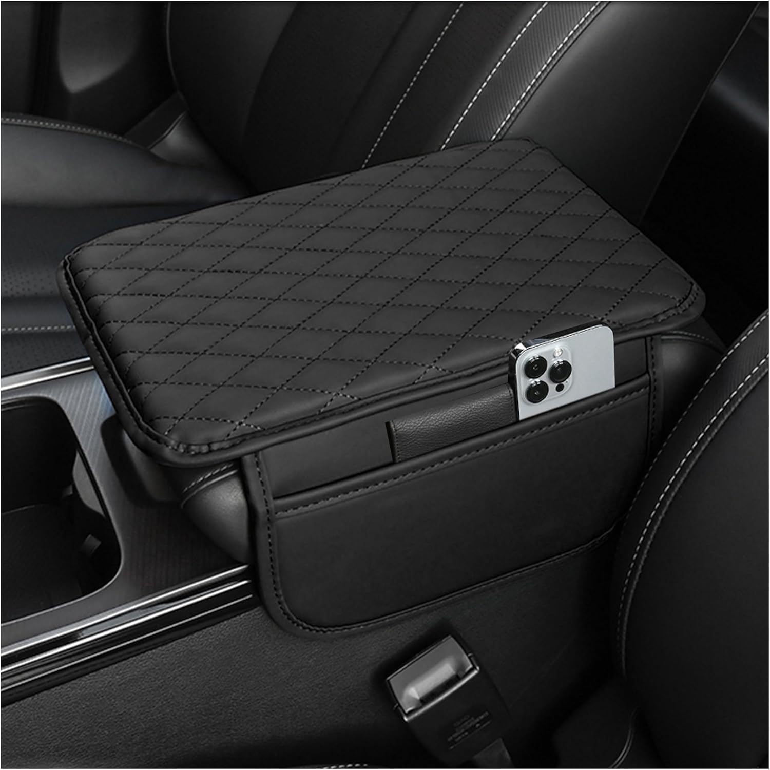 Microfibre Leather Centre Console Armrest Cover with Storage Pockets