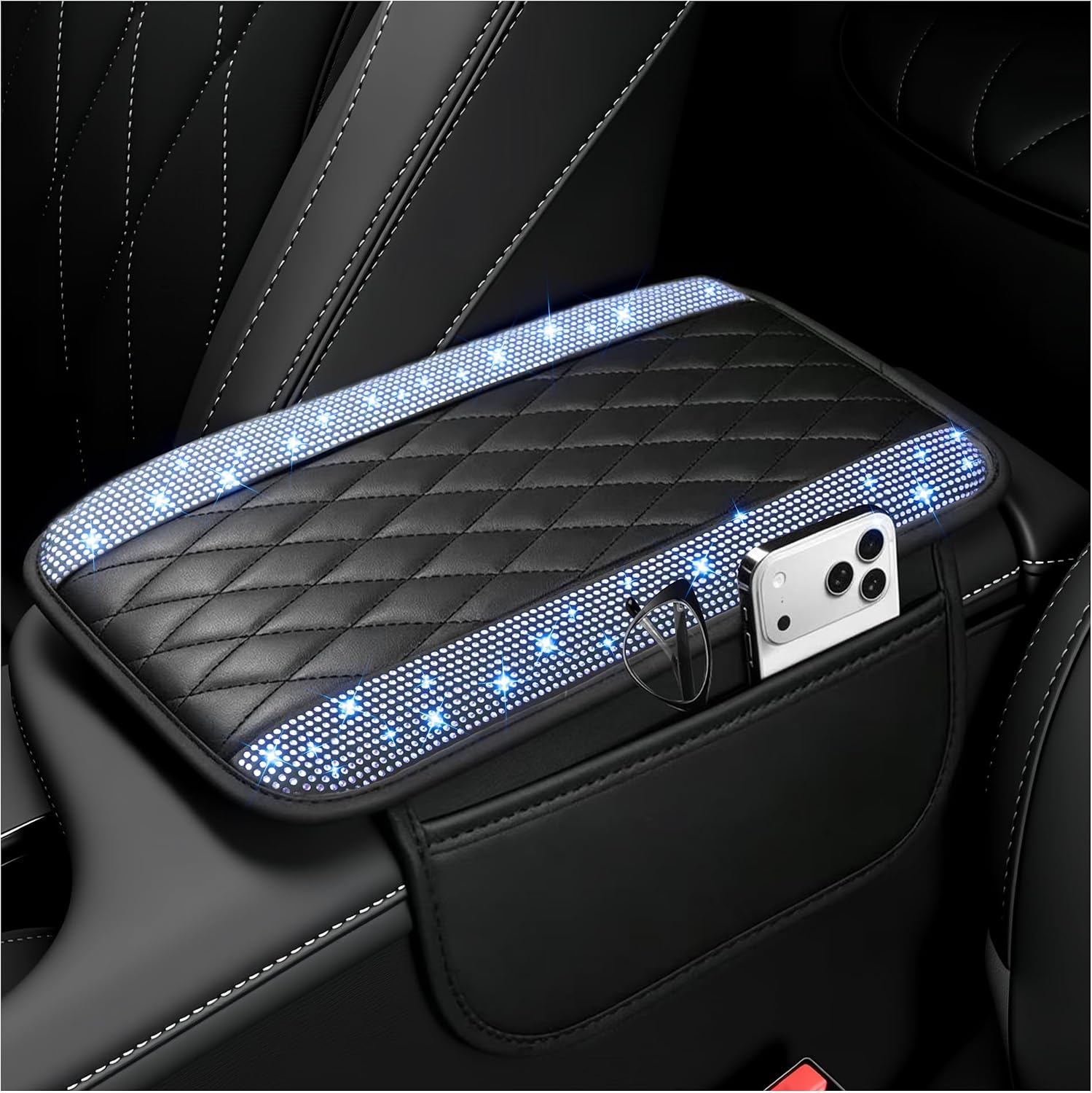 Microfibre Leather Centre Console Armrest Cover with Storage Pockets