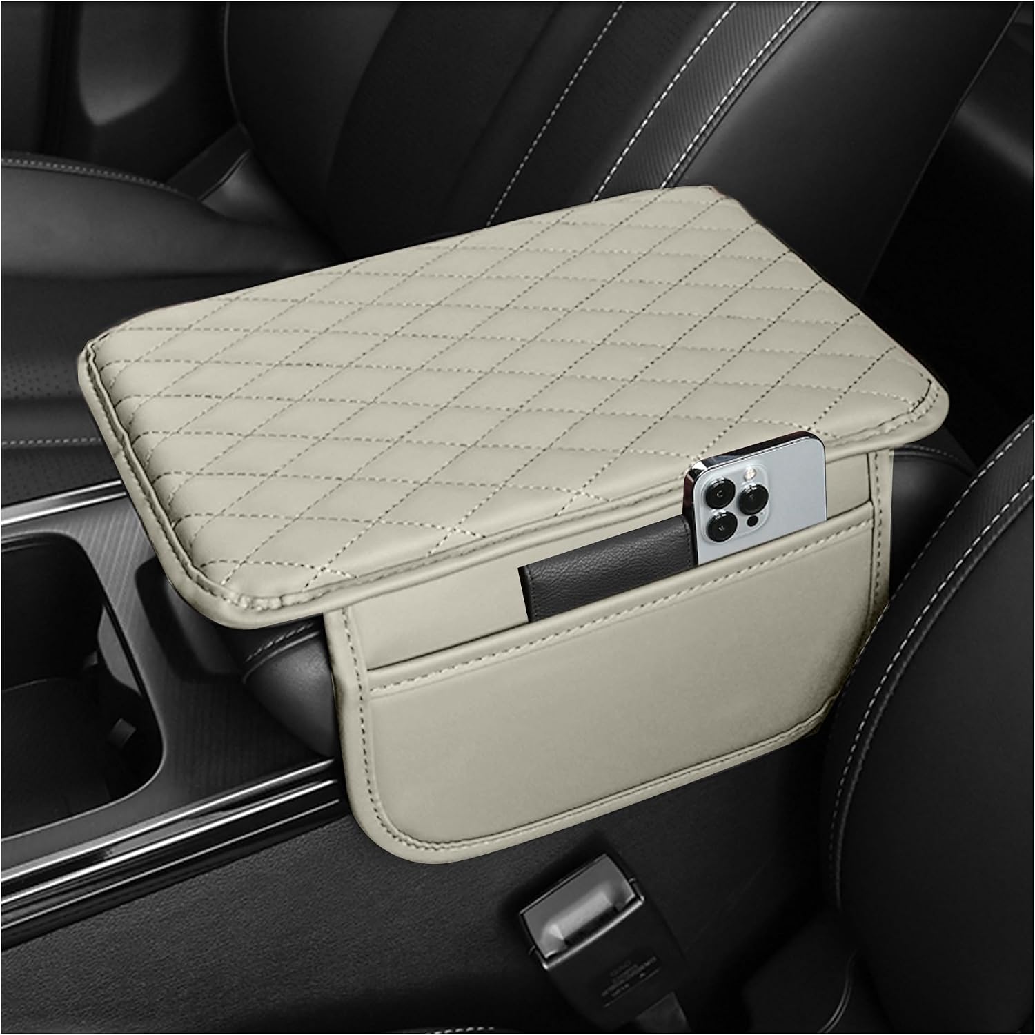 Microfibre Leather Centre Console Armrest Cover with Storage Pockets