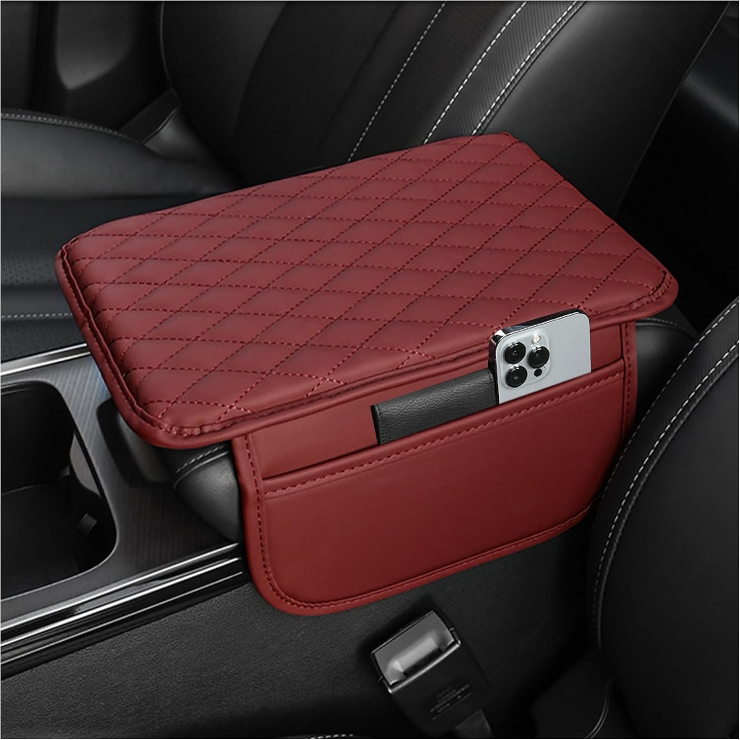 Microfibre Leather Centre Console Armrest Cover with Storage Pockets