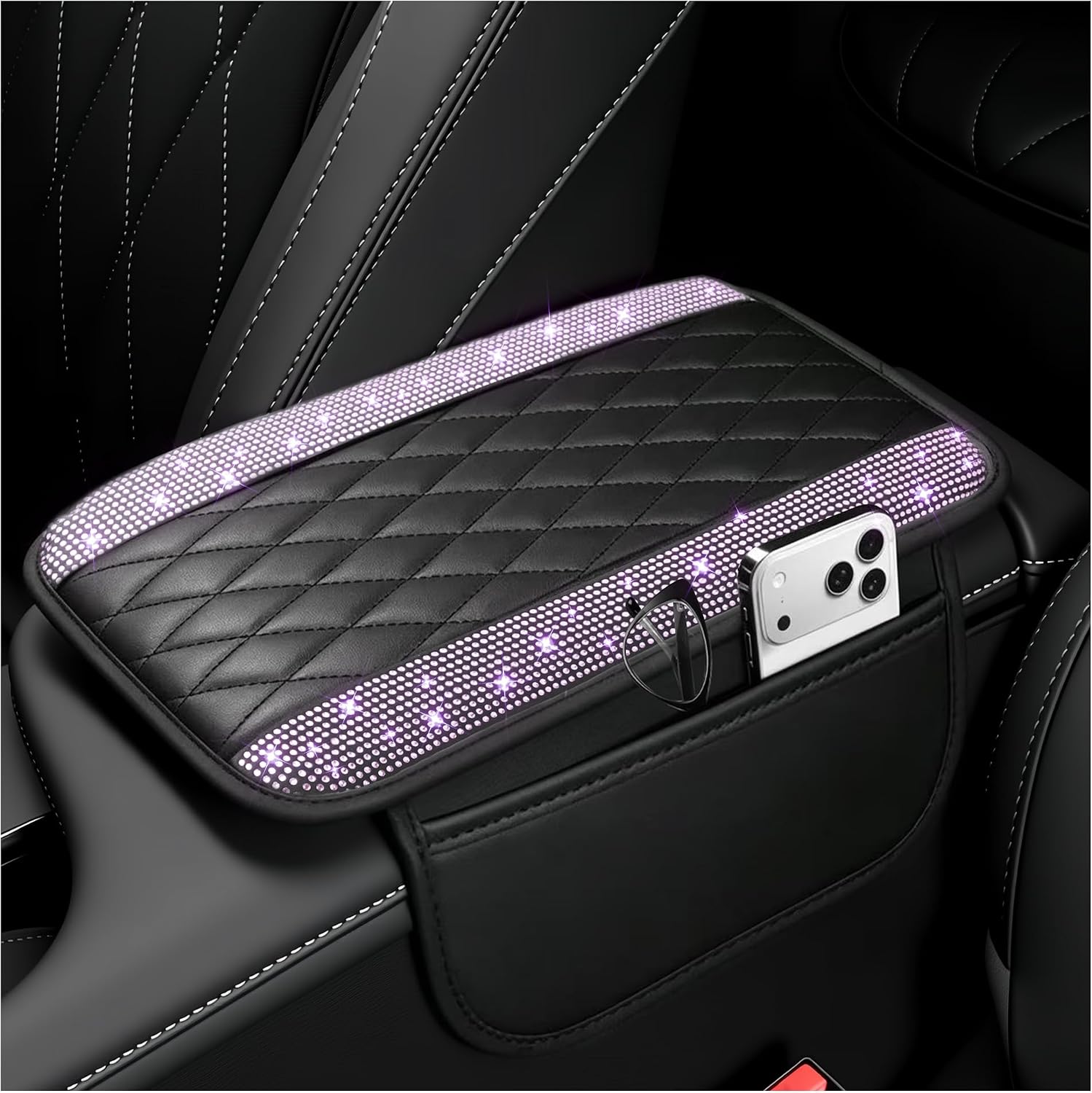 Microfibre Leather Centre Console Armrest Cover with Storage Pockets