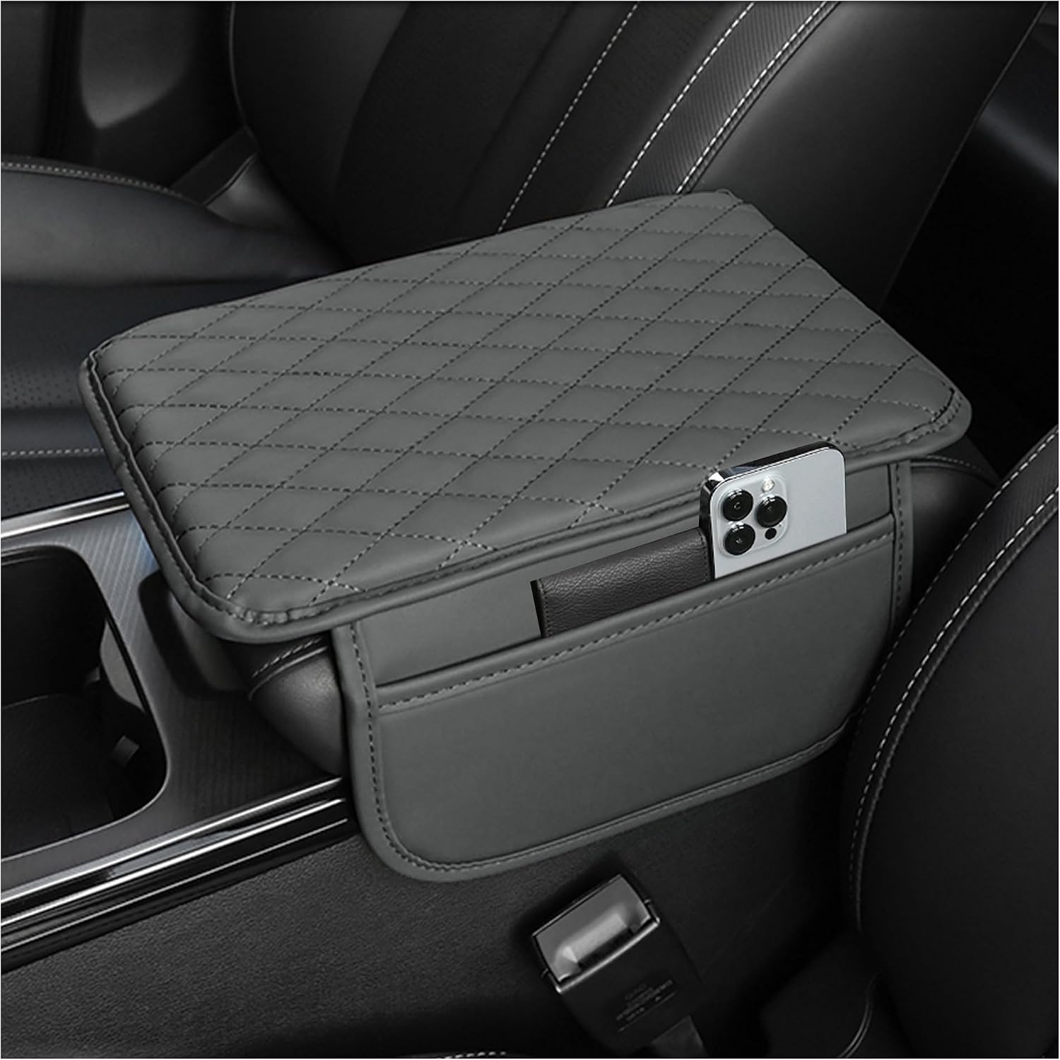Microfibre Leather Centre Console Armrest Cover with Storage Pockets