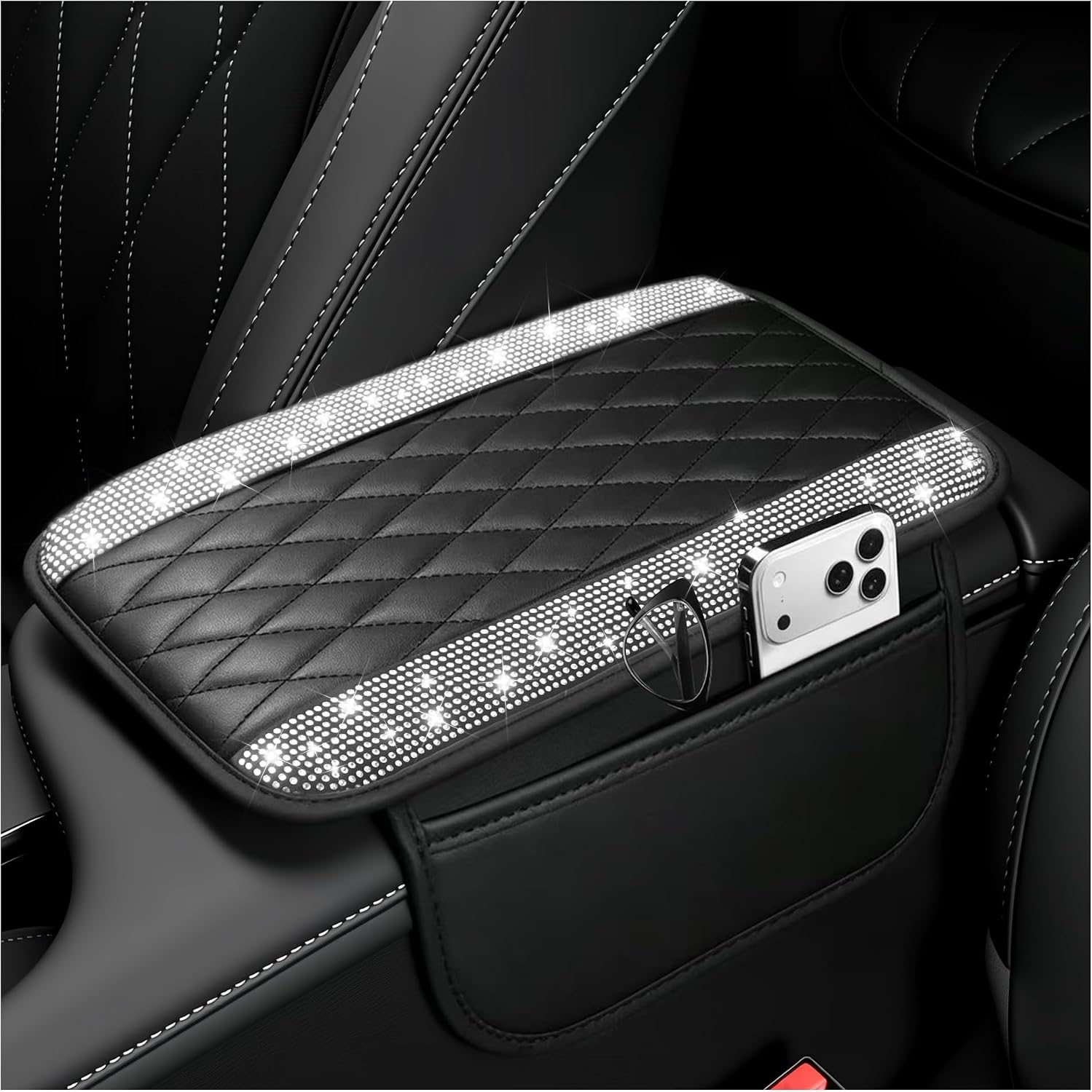 Microfibre Leather Centre Console Armrest Cover with Storage Pockets