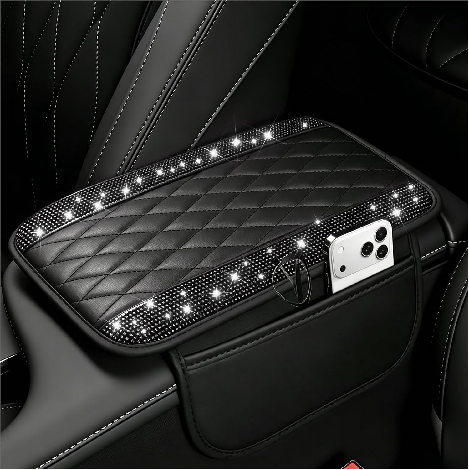 Microfibre Leather Centre Console Armrest Cover with Storage Pockets