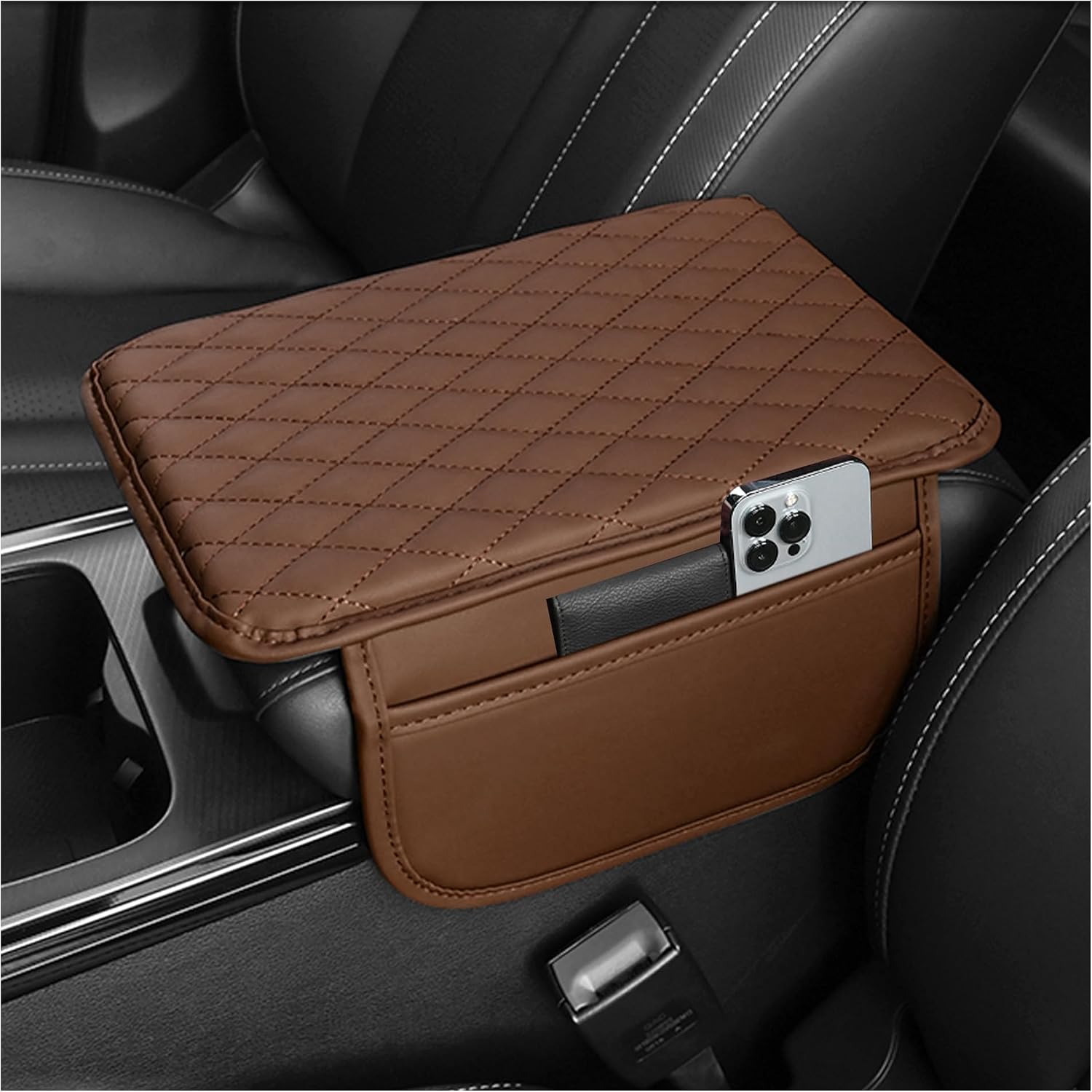 Microfibre Leather Centre Console Armrest Cover with Storage Pockets