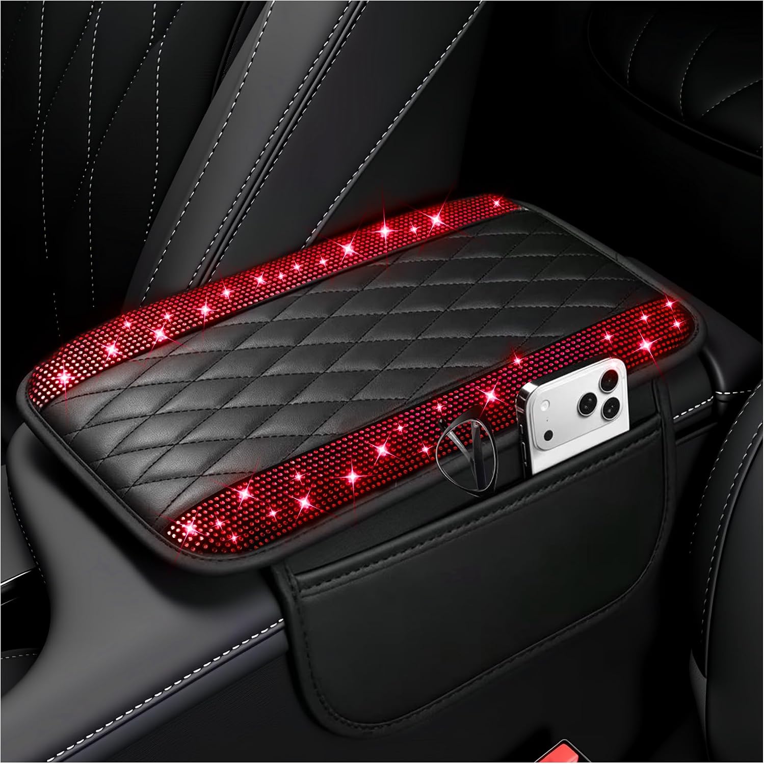 Microfibre Leather Centre Console Armrest Cover with Storage Pockets